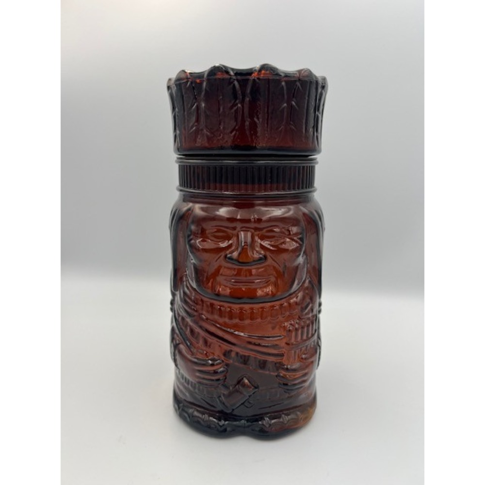 Vintage Native American Indian Chief Amber Brown Glass Jar Cigar Humidor Tobacco